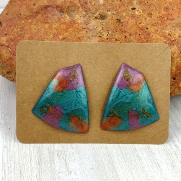 Crackled Turquoise & Metallic Copper Brown Enamel Abstract Brass Earrings - Picture 6 of 7